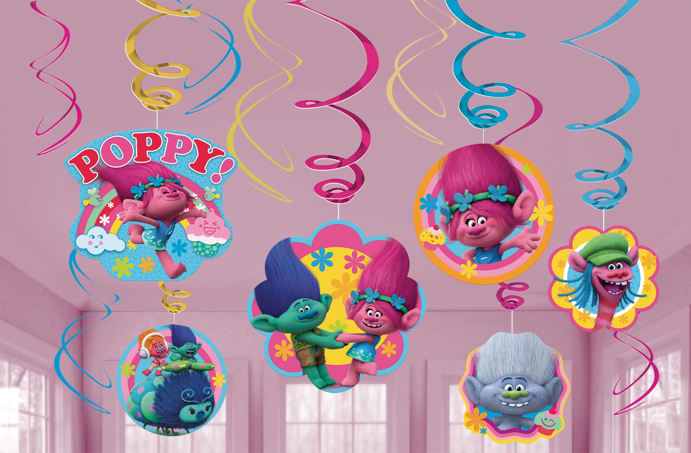 Trolls Poppy Swirl Hanging Decorations, Pink/Blue, 10-in, 12-pk, for Birthday Party Front_Flat