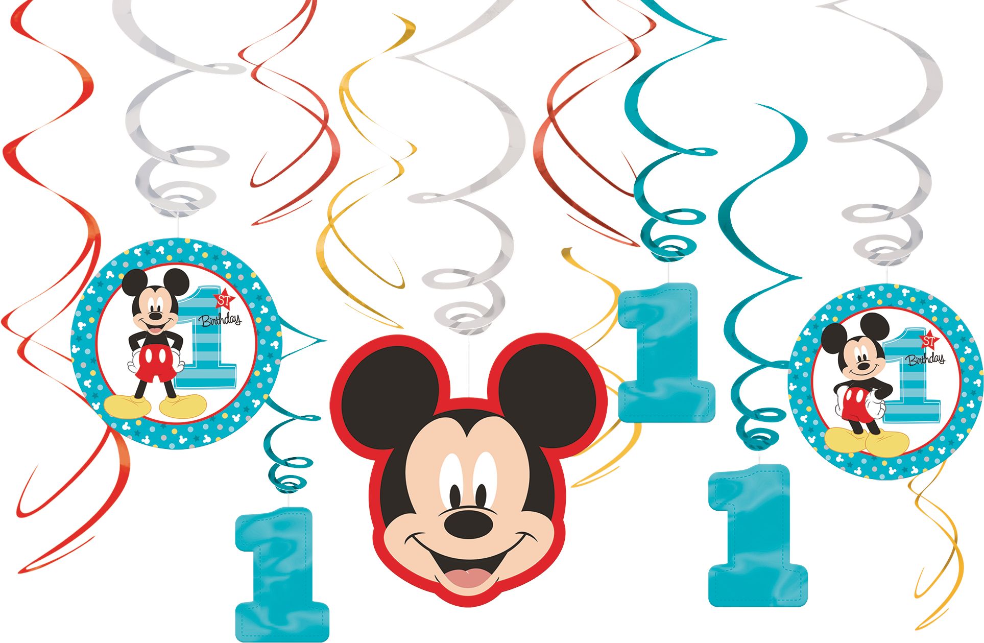 1st Birthday Party Mickey Mouse Hanging Swirl Decorations, 12-pc Front_Flat