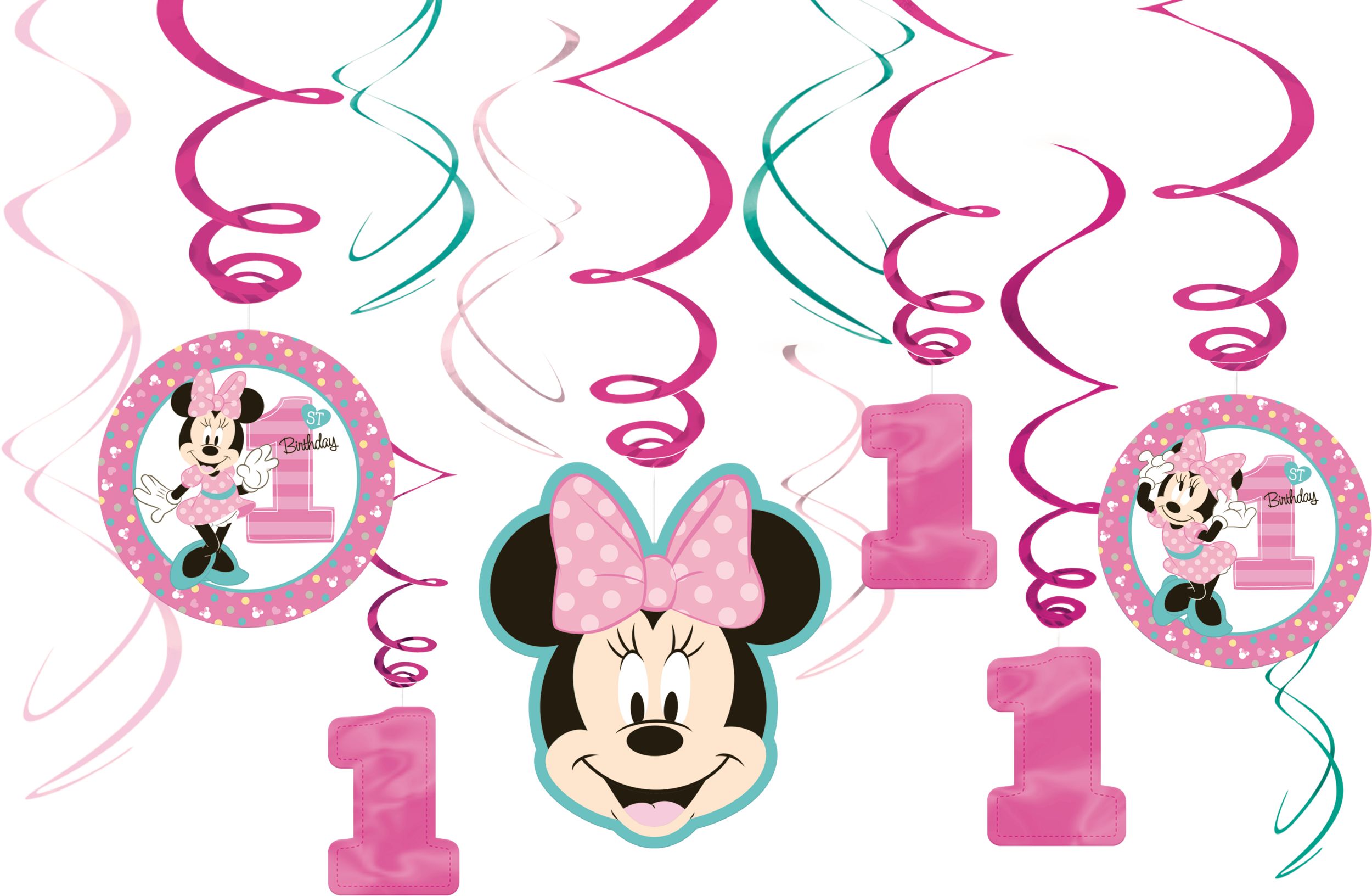 Décorations en spirales faciles à suspendre pour fête d'anniversaire, Disney Minnie Mouse 1er&nbsp;anniversaire paq. 12 Front_Flat