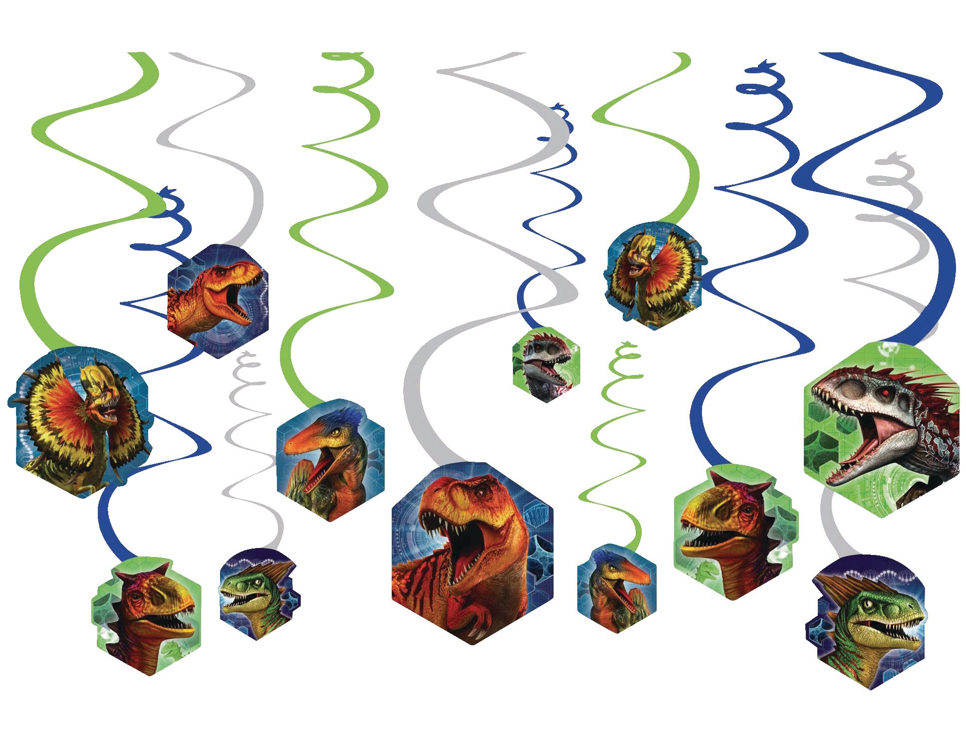Jurassic World Dinosaur Swirl Hanging Decorations, Green/Blue, 10-in, 12-pk, for Birthday Party Front_Flat