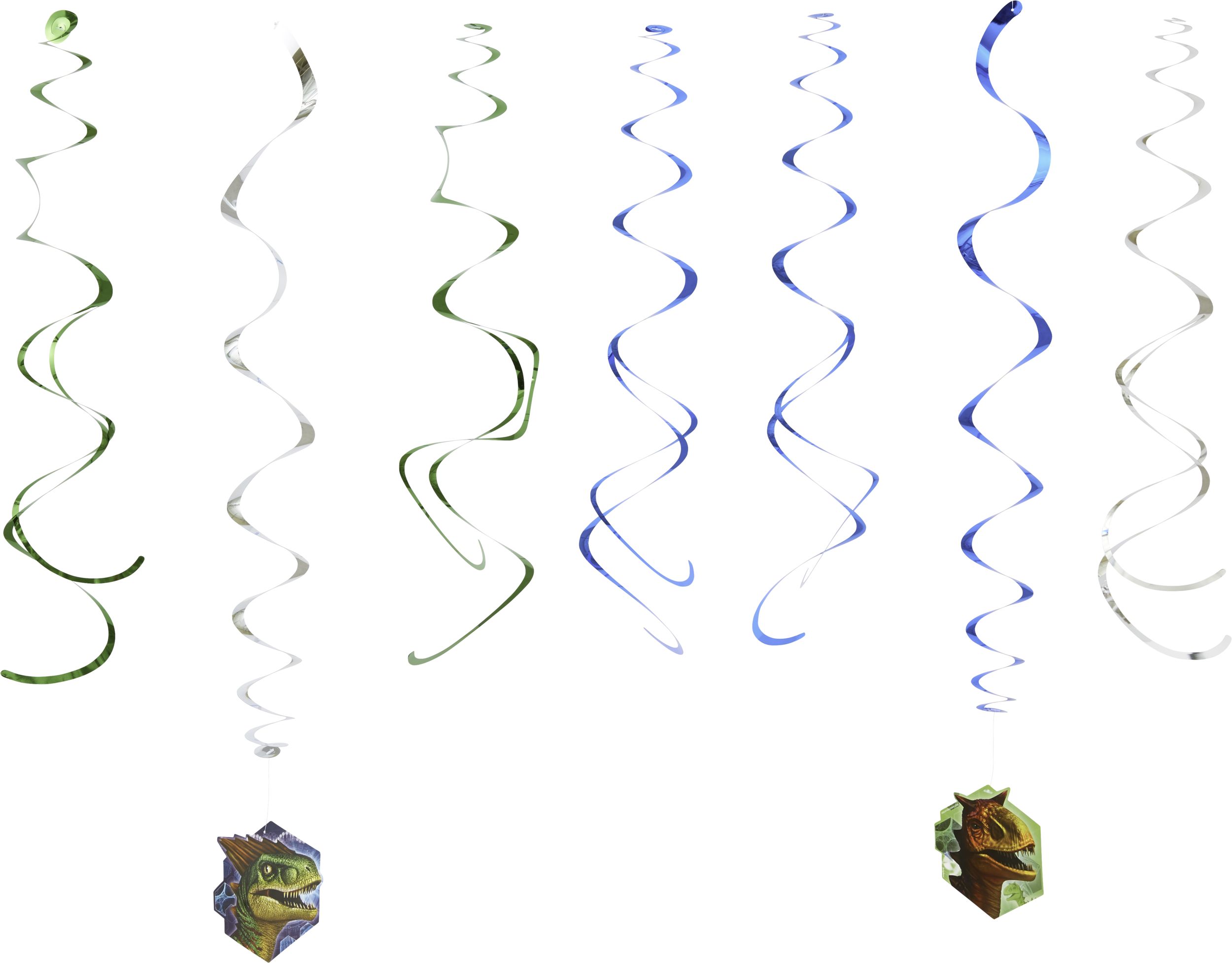 Jurassic World Dinosaur Swirl Hanging Decorations, Green/Blue, 10-in, 12-pk, for Birthday Party Front_Flat