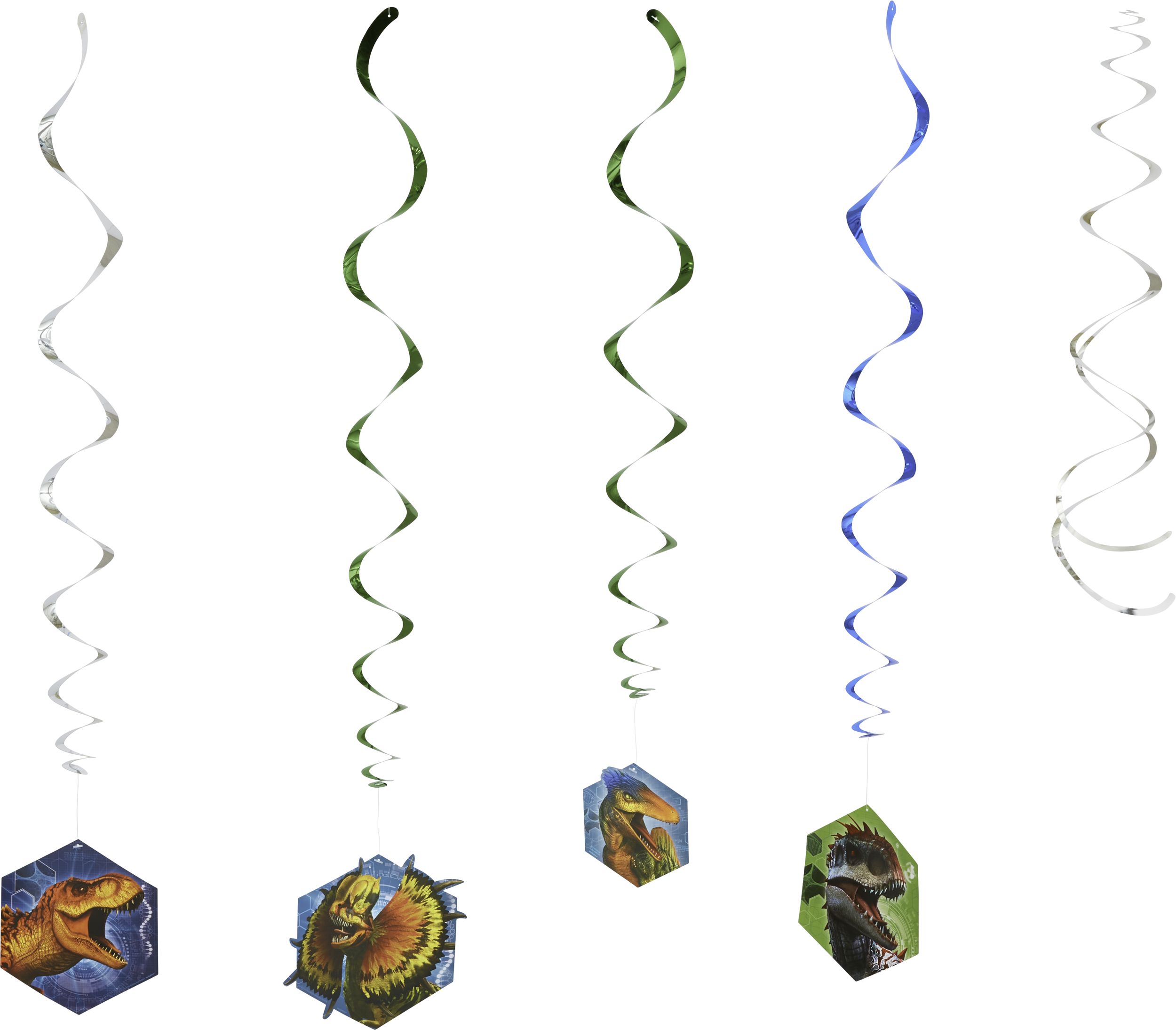 Jurassic World Dinosaur Swirl Hanging Decorations, Green/Blue, 10-in, 12-pk, for Birthday Party Front_Flat