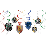 Harry Potter "Hogwarts" Swirl Hanging Decorations, Red/Blue/Green 10-in, 12-pk, for Birthday Party Front_Flat