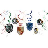 Harry Potter "Hogwarts" Swirl Hanging Decorations, Red/Blue/Green 10-in, 12-pk, for Birthday Party Front_Flat