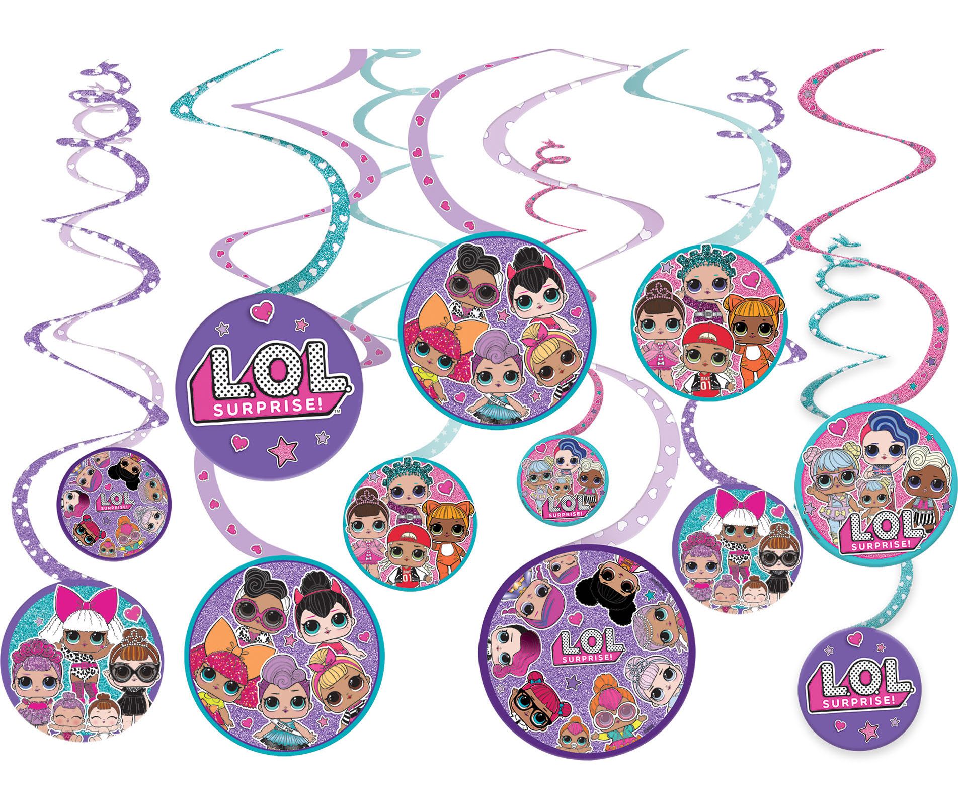 Surprise L.O.L! Décorations suspendues en spirale, violet, 10 po, paq. 12, pour fête d'anniversaire Front_Flat
