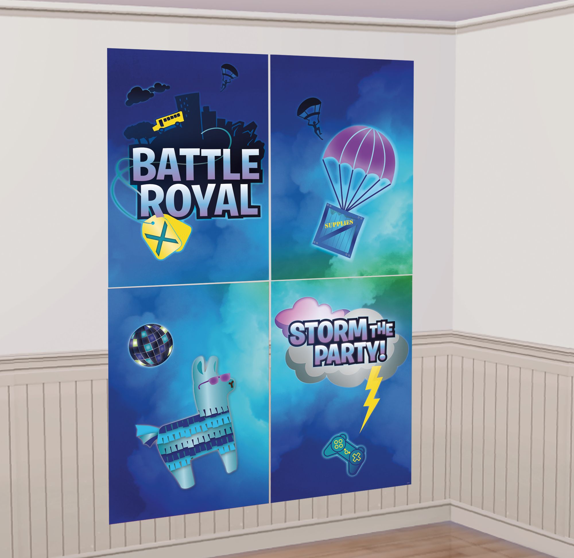 Battle Royal "Storm The Party" Plastic Scene Setter Background Decoration with Photo Booth Props, Blue, 40-in, 16-pk, for Birthday Party Front_Angled_Right