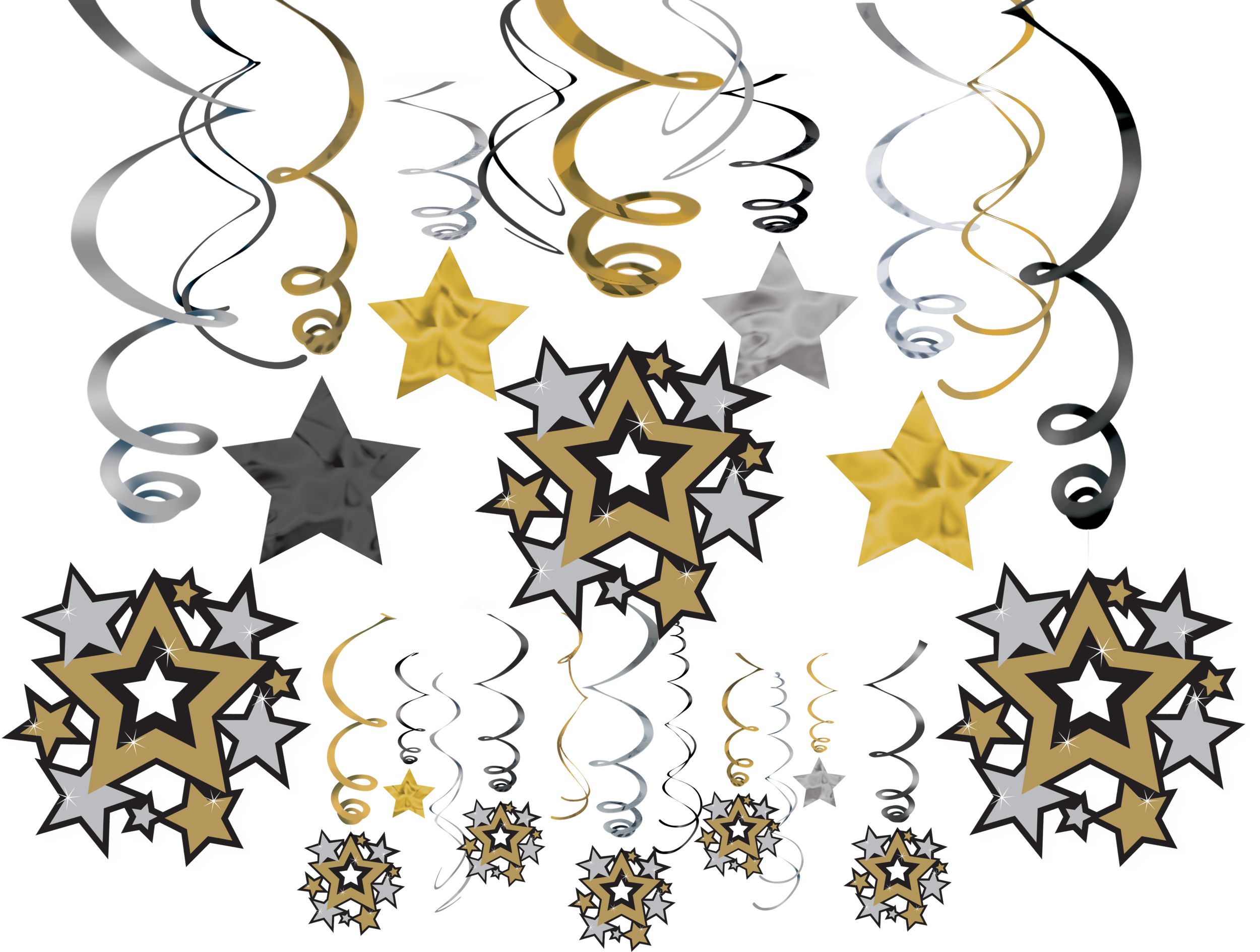 Gold Silver & Black Star Hanging Decorations, Party Accessories