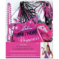 Princess Kit with Sash, Button, Glasses, Party Hat, Horn & Necklace, Pink/Black, One Size, 6-pk, Wearable Costume Accessories for Birthdays Front_Flat