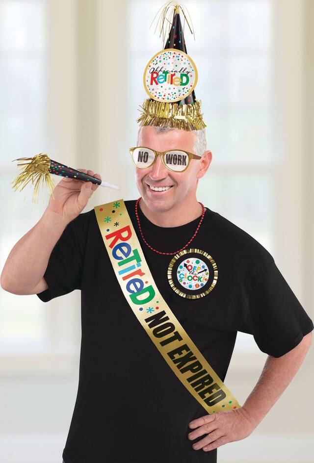Happy Retirement "Officially Retired" Party Hat, Horn, Necklace, Sash, Button & Eyeglasses, Gold Multi-Coloured, One Size, 6-pk, Wearable Accessories for Retirement Composite_or_Mixed