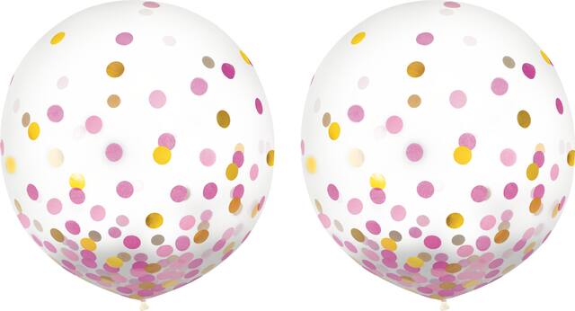Round Transparent Confetti Latex Balloons, Gold/Pink, 24-in, 2-pk, for Baby Shower/Birthday Party Front_Flat