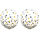 Ballons en latex ronds confettis transparents, noir/or/argent, 24 po, paq. 2, pour fête d'anniversaire Front_Flat