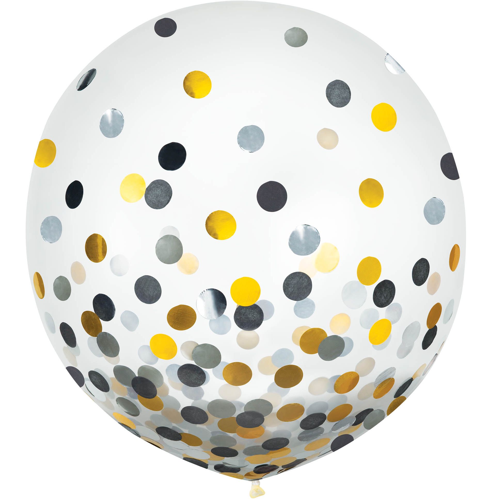 Round Transparent Confetti Latex Balloons, Black/Gold/Silver, 24-in, 2-pk, for Birthday Party Front_Flat