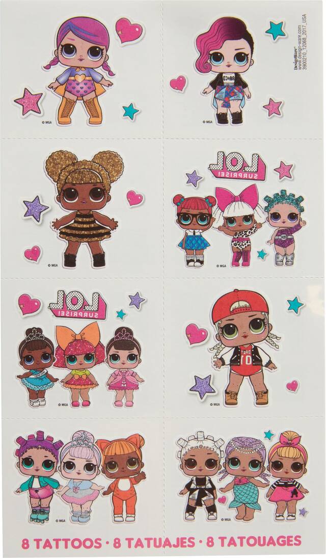 L.O.L. Surprise! Assorted Temporary Tattoos, Multi-Coloured, 8-pk, Wearable Favours  for Birthdays Front_Flat