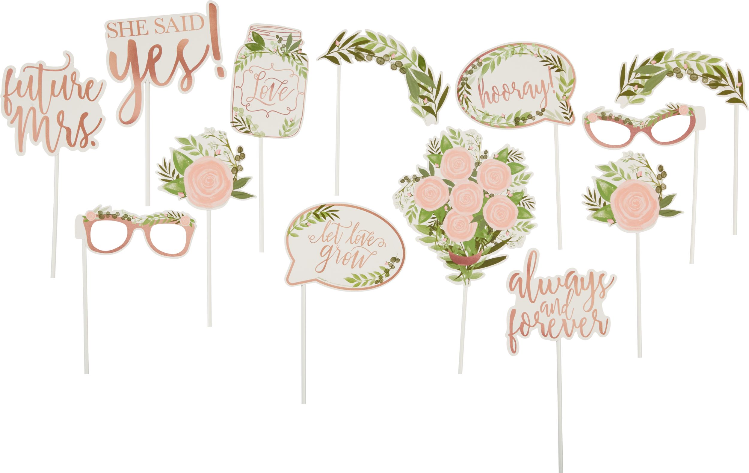 Love & Leaves "She Said Yes" Photo Booth Sign Props, Green/Pink, Floral, 8.5-in, 13-pk, for Wedding/Baby Shower/Bridal Shower Front_Flat