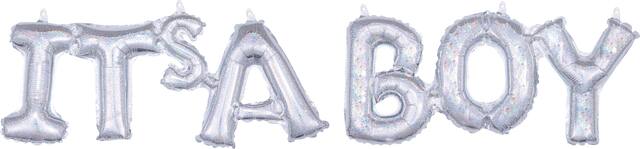 "It's a Boy" Letters Satin Foil Balloon, Prismatic Silver, 40x9-in, Air-Filled for Baby Shower Front_Flat