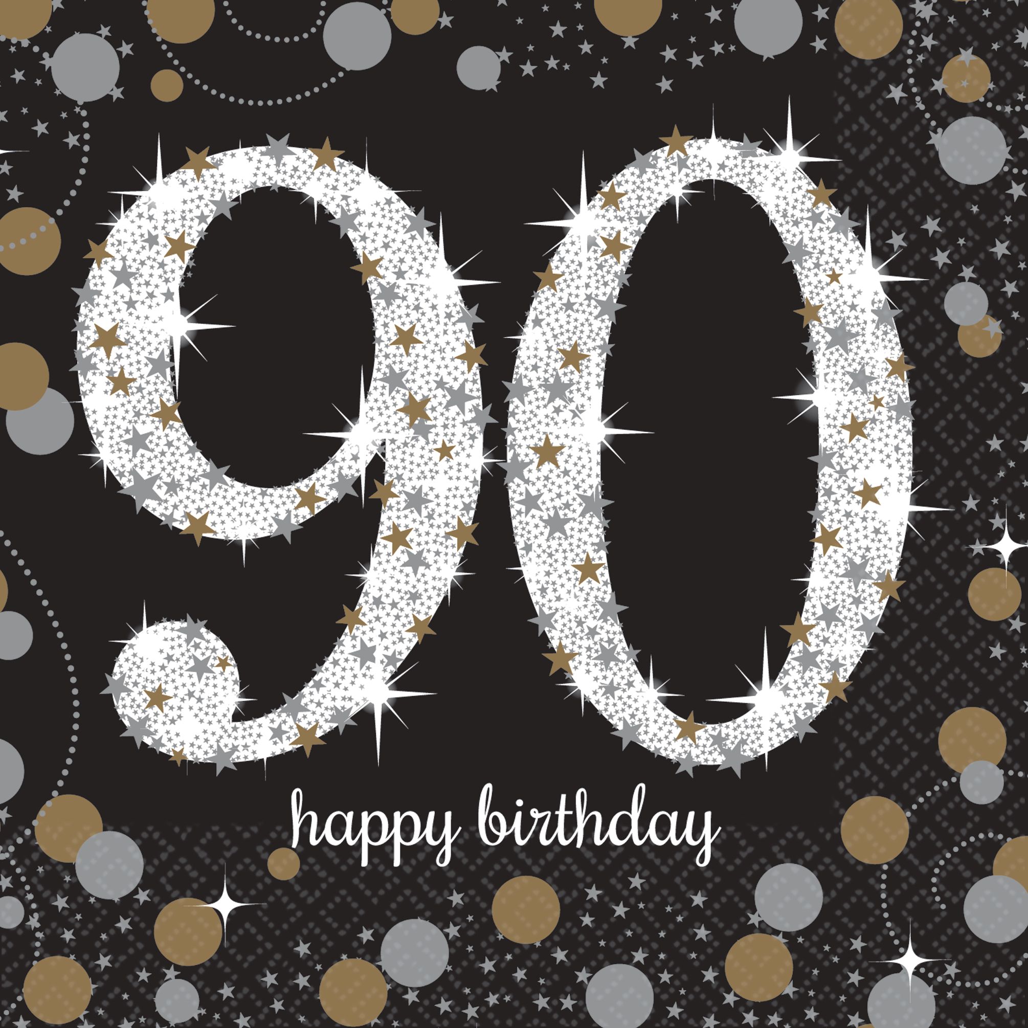 Sparkling Celebration "90 Happy Birthday" Square Paper Disposable Beverage Napkins, Black/Silver/Gold, 5-in, 16-pk, 2-ply, for Milestone Birthday Overhead_Flat