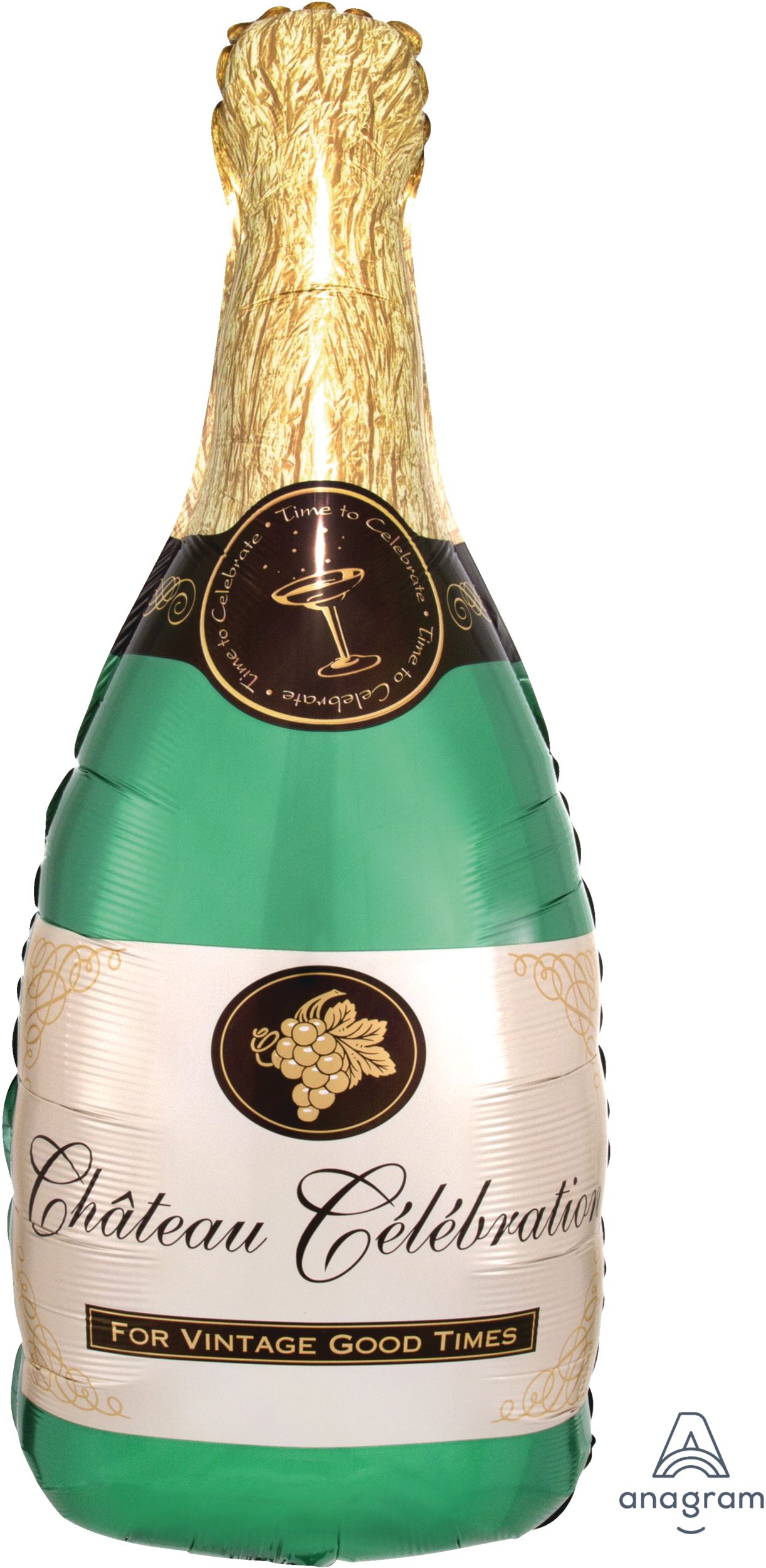 "For Vintage Good Times" Champagne BottleSatin Foil Balloon, Green/Gold. 36-in, Helium Inflation & Ribbon Included for New Year's Eve/Anniversary Front_Flat