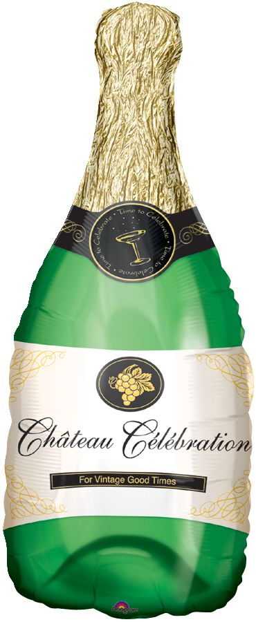 "For Vintage Good Times" Champagne BottleSatin Foil Balloon, Green/Gold. 36-in, Helium Inflation & Ribbon Included for New Year's Eve/Anniversary Front_Flat