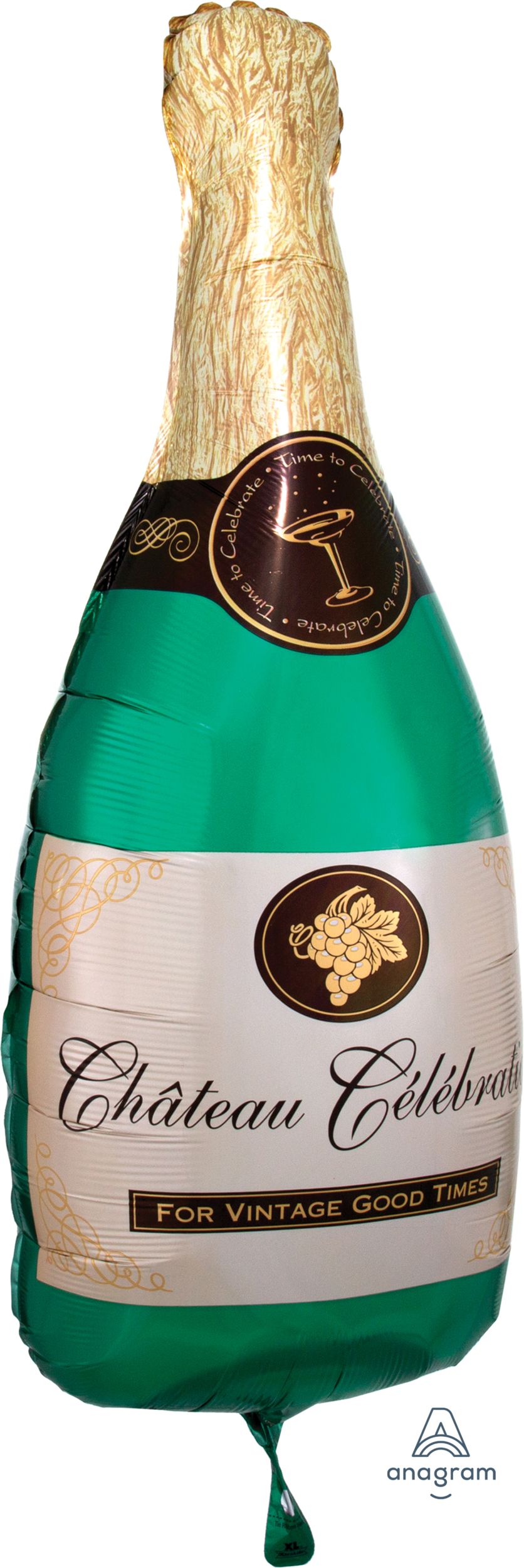 "For Vintage Good Times" Champagne BottleSatin Foil Balloon, Green/Gold. 36-in, Helium Inflation & Ribbon Included for New Year's Eve/Anniversary Front_Angled_Right