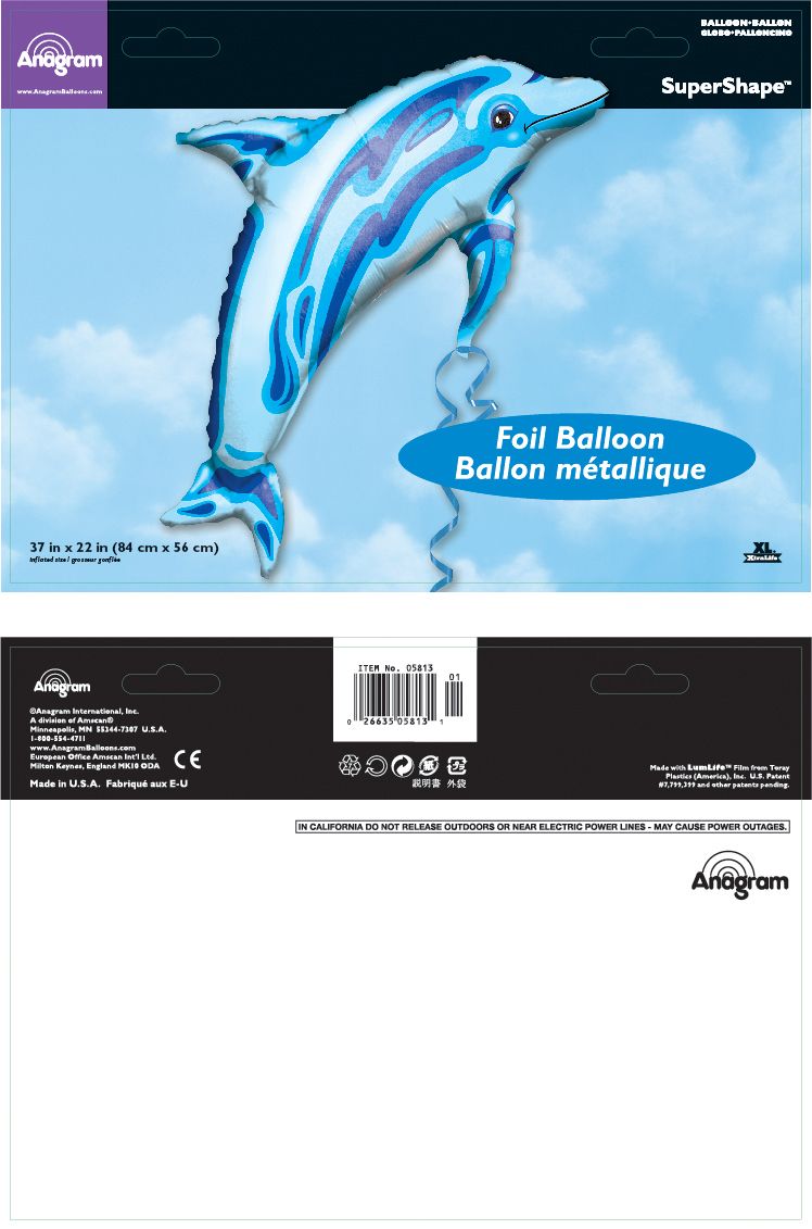 Ballon en aluminium satiné, dauphin, bleu, 26 po, gonflement à l'hélium et ruban inclus, pour l'été Composite_or_Mixed