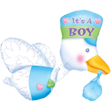 "It's a Boy" Stork Satin Foil Balloon, White/Blue, 32-in, Helium Inflation & Ribbon Included for Baby Shower Front_Flat