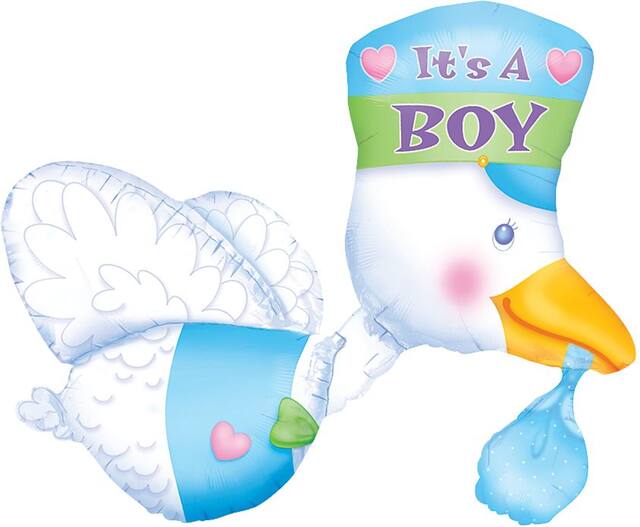 "It's a Boy" Stork Satin Foil Balloon, White/Blue, 32-in, Helium Inflation & Ribbon Included for Baby Shower Front_Flat