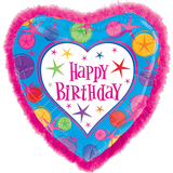 Ballon en aluminium satiné coeur bordure boa Happy Birthday, multicolore, à pois, 32 po, gonflement à l'hélium et ruban inclus, pour fête d'anniversaire Front_Flat