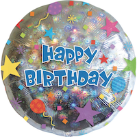 "Happy Birthday" Round Satin Foil Balloon, Silver/Multi-Coloured, Confetti, 17-in, Helium Inflation & Ribbon Included for Birthday Party