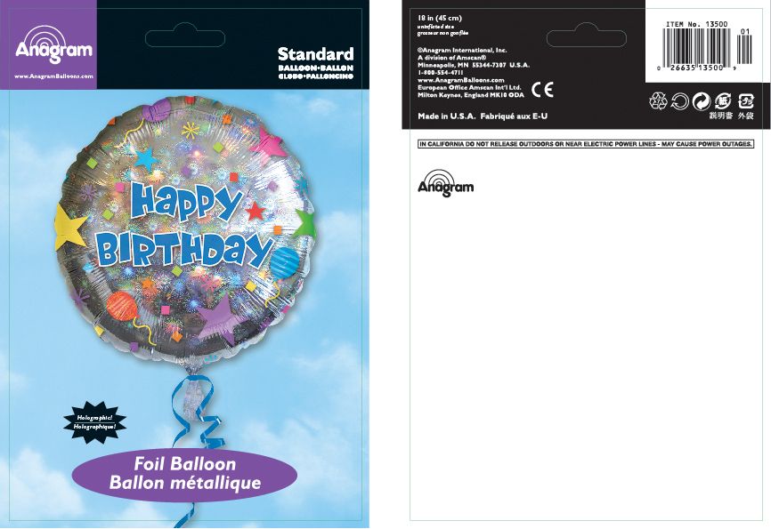 Ballon en aluminium satiné rond Happy Birthday, argent/multicolore, confetti, 17 po, gonflement à l'hélium et ruban inclus, pour fête d'anniversaire Composite_or_Mixed