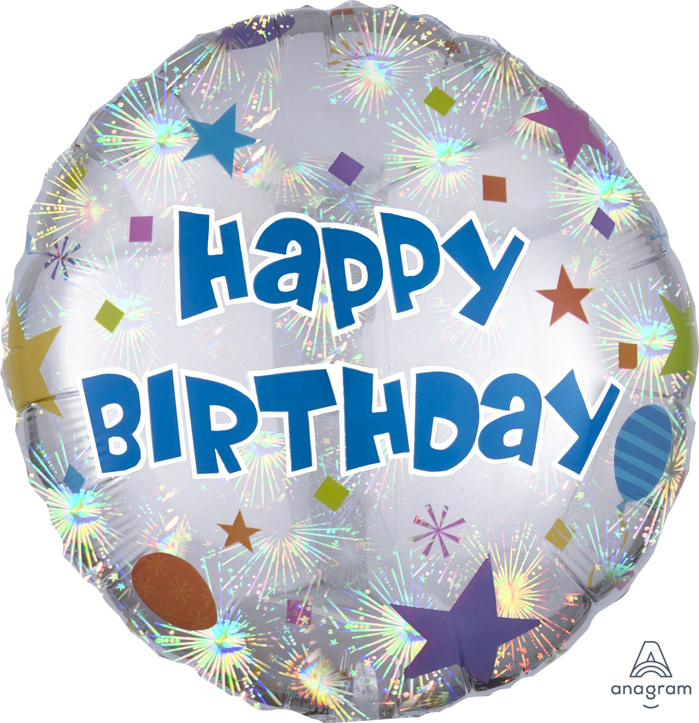 Ballon en aluminium satiné rond Happy Birthday, argent/multicolore, confetti, 17 po, gonflement à l'hélium et ruban inclus, pour fête d'anniversaire Front_Flat