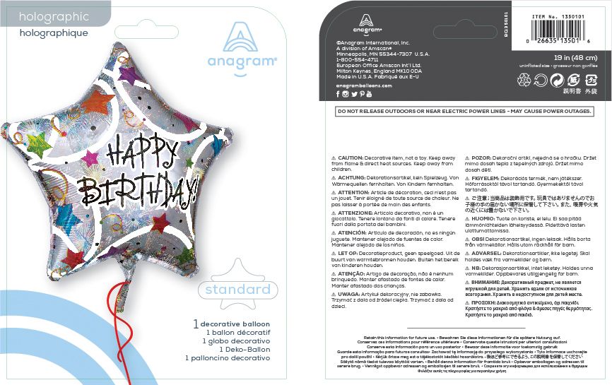 Ballon en aluminium satiné étoile Happy Birthday, argent/multicolore, confetti, 18 po, gonflement à l'hélium et ruban inclus, pour fête d'anniversaire Composite_or_Mixed