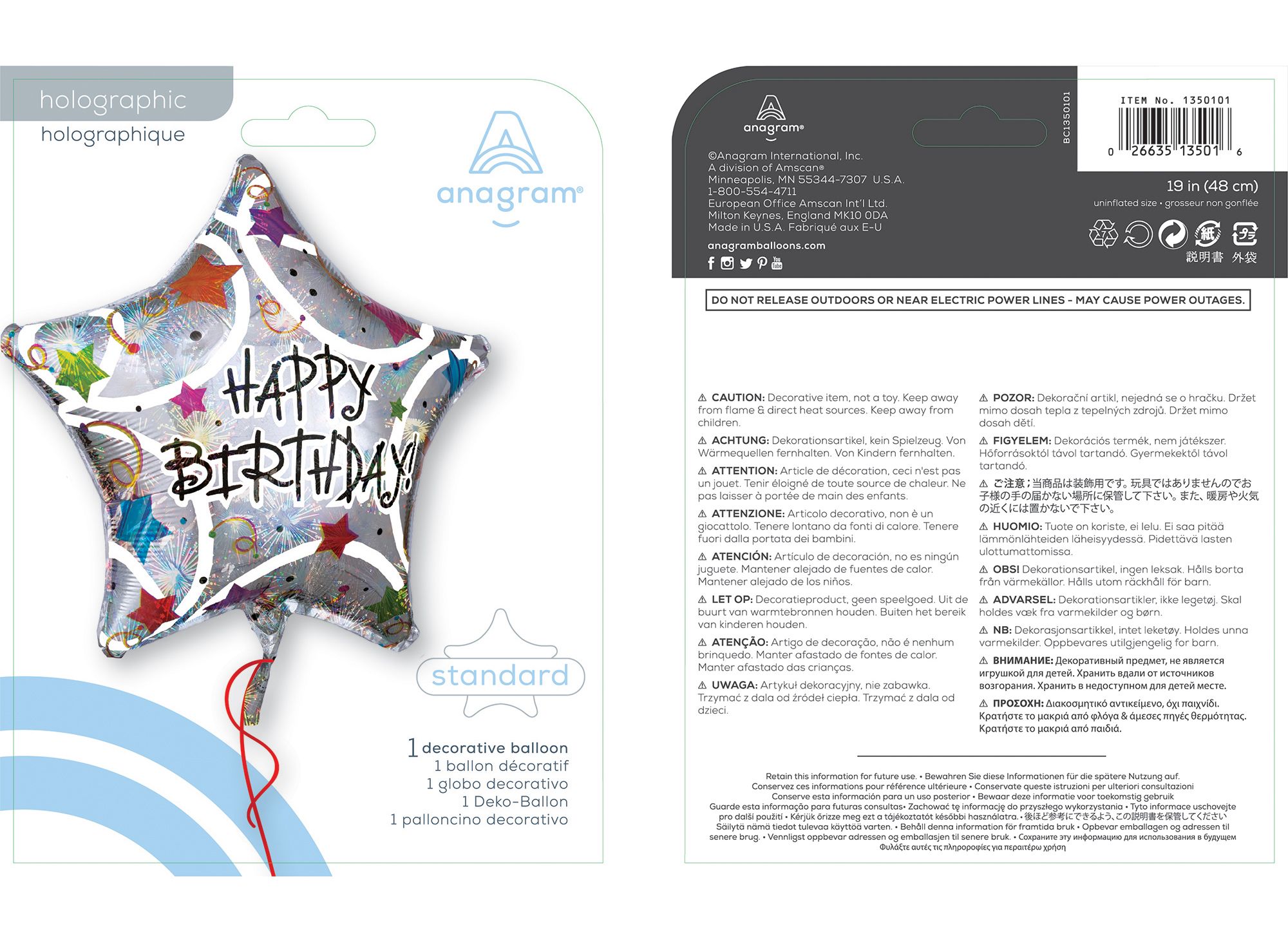 Ballon en aluminium satiné étoile Happy Birthday, argent/multicolore, confetti, 18 po, gonflement à l'hélium et ruban inclus, pour fête d'anniversaire Composite_or_Mixed