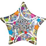 "Happy Birthday" Star Satin Foil Balloon, Silver, 32-in, Helium Inflation & Ribbon Included for Birthday Party Front_Flat