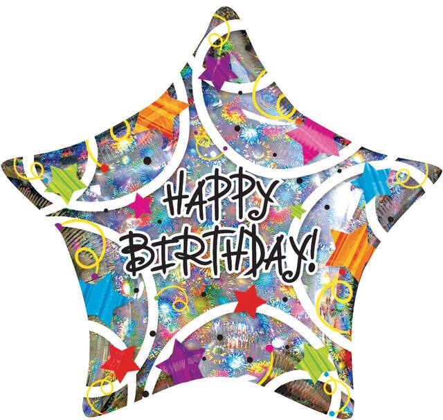 Ballon en aluminium satiné étoile Happy Birthday, argent, 32 po, gonflement à l'hélium et ruban inclus, pour fête d'anniversaire Front_Flat