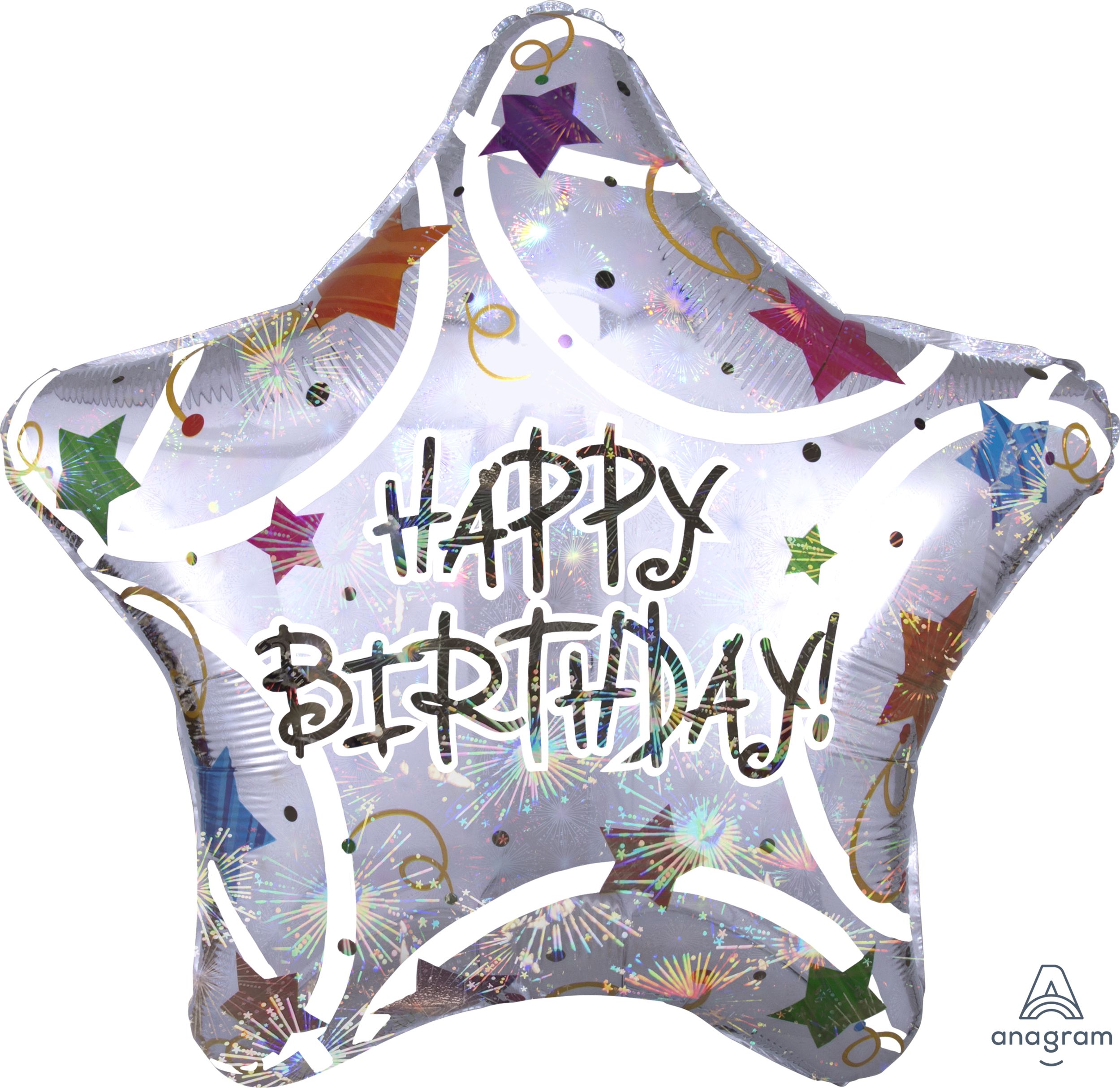 "Happy Birthday" Star Satin Foil Balloon, Silver, 32-in, Helium Inflation & Ribbon Included for Birthday Party Front_Flat