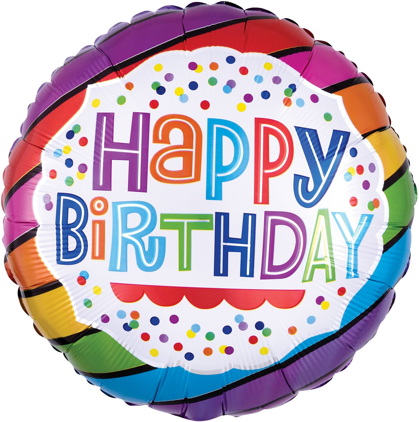 Ballon en aluminium satiné rond Happy Birthday, blanc/multicolore, à pois, 18 po, ruban et gonflage hélium compris, pour fête d'anniversaire Front_Flat