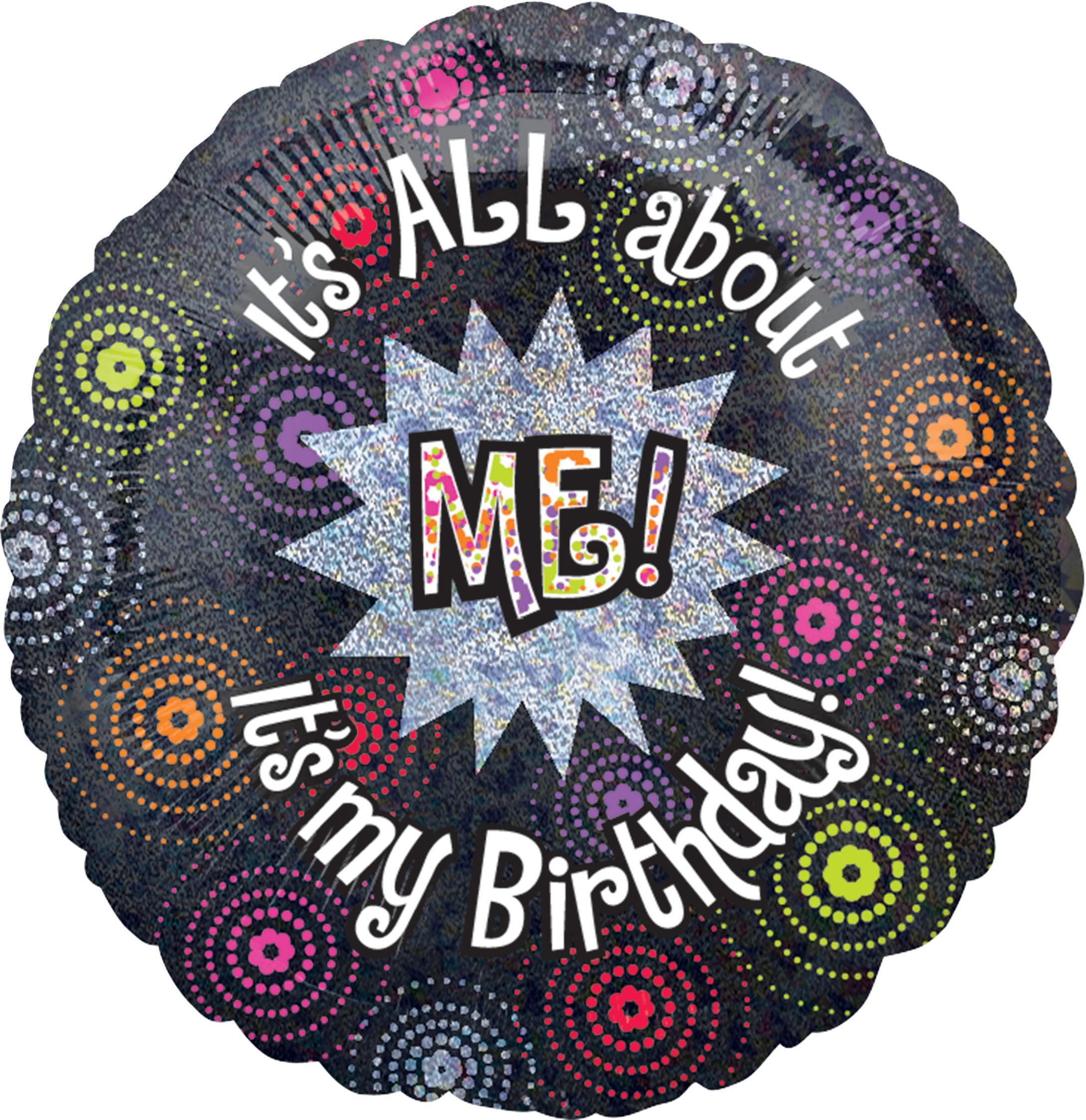 Ballon en aluminium satiné rond It's All About Me! It's My Birthday, noir/multicolore, 18 po, gonflement à l'hélium et ruban inclus, pour fête d'anniversaire Front_Flat