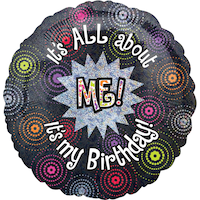 "It's All About Me! It's My Birthday" Round Satin Foil Balloon, Black/Multi-Coloured, 18-in, Helium Inflation & Ribbon Included for Birthday Party