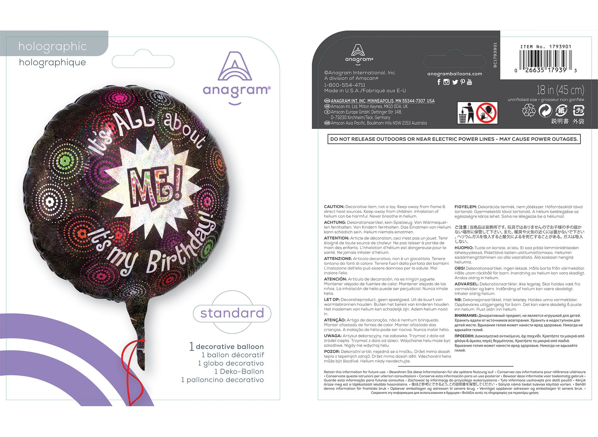 Ballon en aluminium satiné rond It's All About Me! It's My Birthday, noir/multicolore, 18 po, gonflement à l'hélium et ruban inclus, pour fête d'anniversaire Composite_or_Mixed