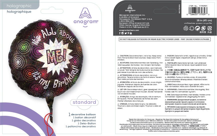 Ballon en aluminium satiné rond It's All About Me! It's My Birthday, noir/multicolore, 18 po, gonflement à l'hélium et ruban inclus, pour fête d'anniversaire Composite_or_Mixed