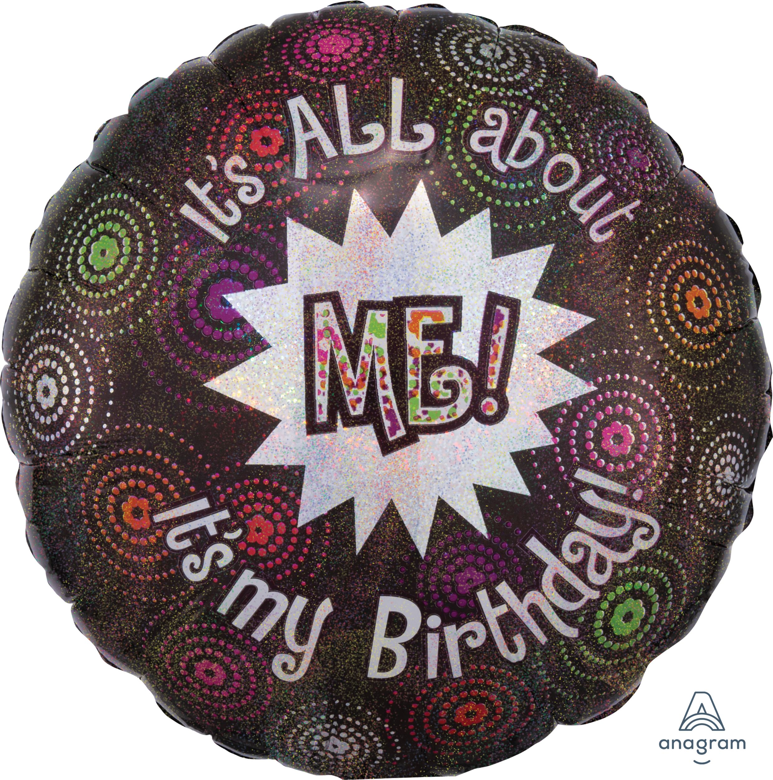 Ballon en aluminium satiné rond It's All About Me! It's My Birthday, noir/multicolore, 18 po, gonflement à l'hélium et ruban inclus, pour fête d'anniversaire Front_Flat