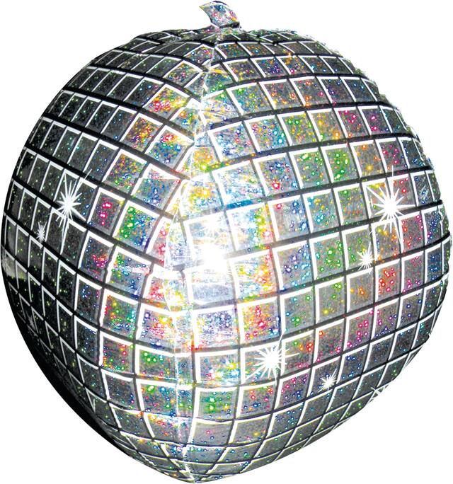 Disco Ball Satin Foil Balloon, Silver/Sparkle, 15-in, Helium Inflation & Ribbon Included for Dance Party Front_Flat