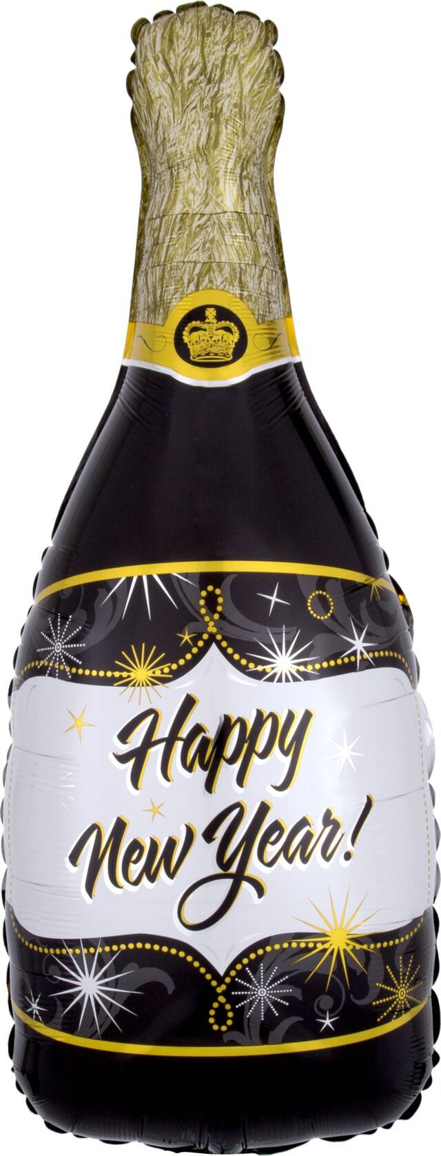 "Happy New Year" Champagne Bottle Satin Foil Balloon, Gold/Black, 36-in, Helium Inflation & Ribbon Included for New Year's Eve Front_Flat