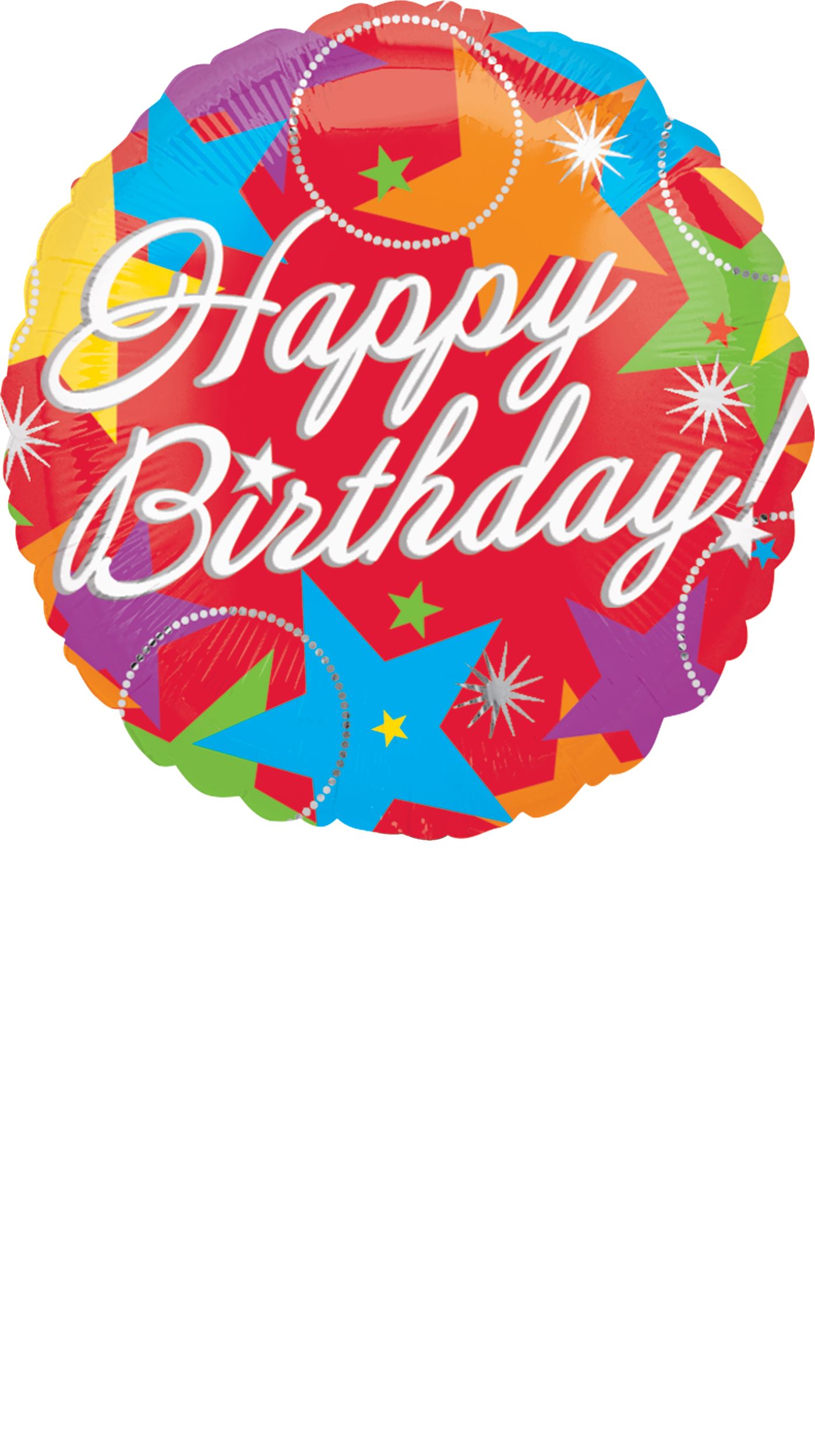"Happy Birthday" Round Satin Foil Balloon, Red, Stars, 16.5, Helium Inflation & Ribbon Included for Birthday Party Front_Flat