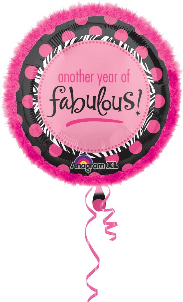 "Another Year of Fabulous" Round Boa Trim Satin Foil Balloon, Pink/Black, Polka Dot, 32-in, Helium Inflation & Ribbon Included for Birthday Party Front_Flat