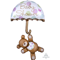 Ballon en aluminium satiné ourson et parapluie Baby Shower, brun/blanc, à pois, 49 po, gonflement à l'hélium et ruban inclus, pour fête prénatale