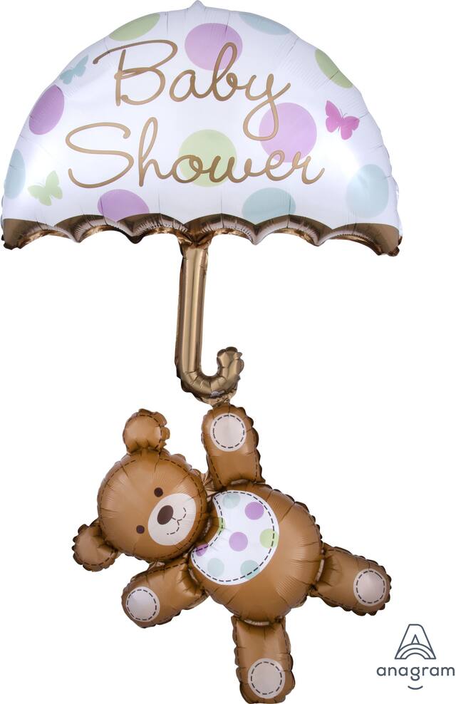 "Baby Shower" Teddy Bear & Umbrella Satin Foil Balloon, Brown/White, Polka Dot, 49-in, Helium Inflation & Ribbon Included for Baby Shower Front_Flat