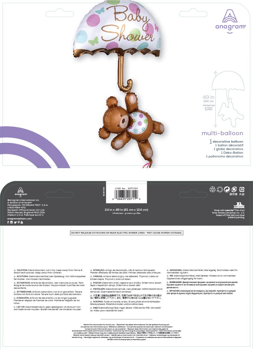 "Baby Shower" Teddy Bear & Umbrella Satin Foil Balloon, Brown/White, Polka Dot, 49-in, Helium Inflation & Ribbon Included for Baby Shower Composite_or_Mixed