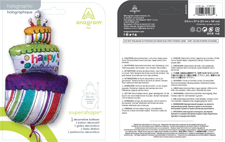 Ballon en aluminium satiné gâteau de fête Happy Birthday, multicolore, rayé, 37 po, gonflement à l'hélium et ruban inclus, pour fête d'anniversaire Composite_or_Mixed