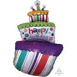 "Happy Birthday" Birthday Cake Satin Foil Balloon, Multi-Coloured, Striped, 37-in, Helium Inflation & Ribbon Included for Birthday Party Front_Flat